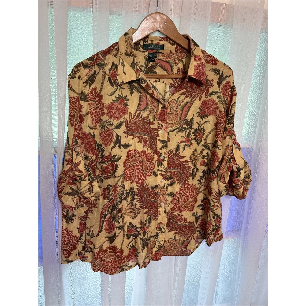 LAUREN-Ralph Lauren Polo Silk Blend Floral Fall Button Down Shirt Womens Size 2x